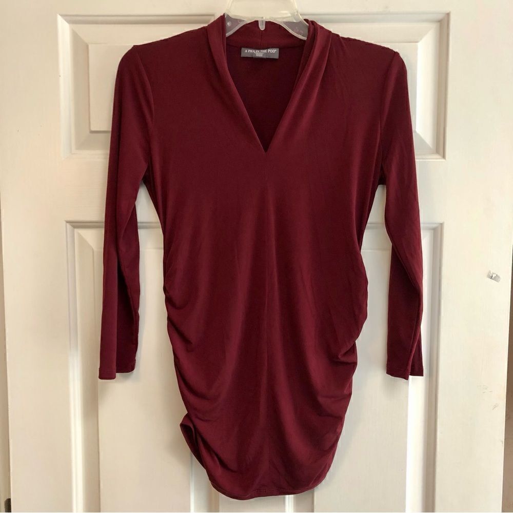A Pea in the Pod Burgundy Red, V-neck, Stretch,  Ruching on the Sides Blouse